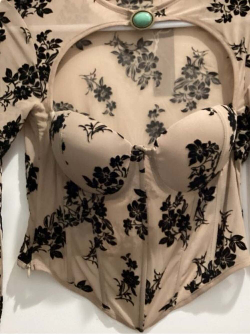 Lucky & Blessed Nude Mesh Corset Top with Black Floral Appliqué - NWT - Size S - Picture 3 of 6